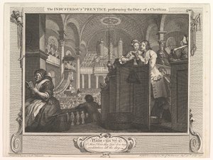 The Industrious Prentice, joka suorittaa kristillisen teollisuuden velvollisuutta ja minä..., 30. syyskuuta 1747. tekijältä William Hogarth