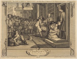 Ahkera oppipoika oppiaikansa päätyttyä, naimisissa mestarinsa tyttären kanssa tekijältä William Hogarth