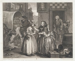 Viattomasta tytöstä tulee portto, suunniteltu 1732, painettu 1744 (Etsaus ja kaiverrus) tekijältä William Hogarth