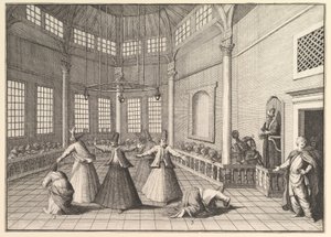 Moskeijan sisällä tanssivat dervishit Aubry de La Mottrayes matkustaa läpi..., 1723-24. tekijältä William Hogarth
