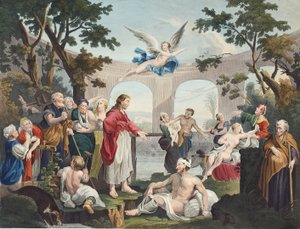 The Pool of Bethesda, kuvitus teoksesta "Hogarth Restored: The Whole Works of kuuluisan William Hogarthin, uudelleenkaivertanut Thomas Cook", pub. 1812 (käsinvärinen kaiverrus) tekijältä William Hogarth