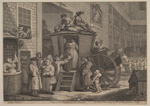 The Stage Coach tai The Country Inn Yard, 1747. tekijältä William Hogarth