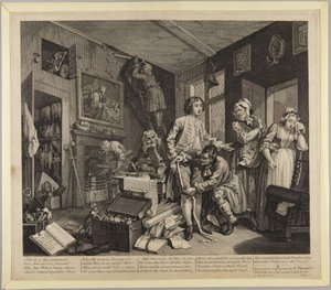 Nuori perillinen ottaa perintönsä haltuunsa, laatta 1 sarjasta "Tuhlaajapojan tie" tekijältä William Hogarth