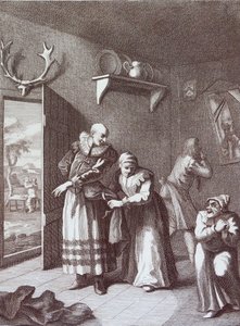 Kuraattori ja parturi naamioituvat ottaakseen Don Quijoten tekijältä William Hogarth
