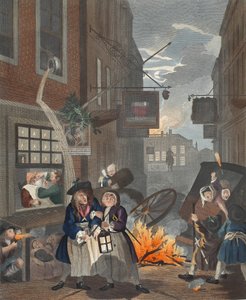 Kellonajat, Yö, kuvitus teoksesta "Hogarth Restored: The Whole Works of kuuluisan William Hogarthin, uudelleenkaiverrettu Thomas Cook", pub. 1812 (käsinvärinen kaiverrus) tekijältä William Hogarth