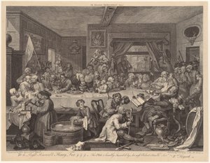 Vaalijuhla, lehti 1 sarjasta "Vaalit" tekijältä William Hogarth