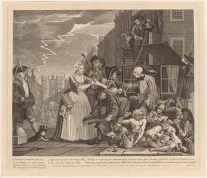Pidätetty velkojen vuoksi, lehti 4 sarjasta "Rentun elämä" tekijältä William Hogarth