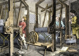 Työpaja ja työntekijä kudontamateriaalin kanssa Spitalfieldsissä, Englannissa. tekijältä William Hogarth