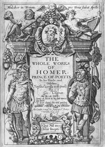 George Chapmanin kääntämän, vuosina 1614-16 julkaistun teoksen "The Whole Works of Homer" (Homeroksen koko teos) nimiölehti.