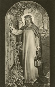Maailman valo, maalaus Keble Collegessa, Oxford, Oxfordshire, kuvaa Kristusta kantamassa lyhtyä ja koputtamassa oveen (m/w kuva) tekijältä William Holman (after) Hunt