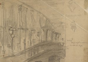 Recto: Tutkimus London Bridgestä "London Bridgelle Walesin prinssin ja prinsessan hääyönä", 1863 (grafiitti kiillotuspaperille) tekijältä William Holman Hunt