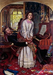 Heräävä tietoisuus Nuori nainen synnissä hyppää yllättäen hengellisen ilmestyksen vaivaamana yrittäen paeta rakastajansa käsivarresta. William Holman Huntin (1827-1910) maalaus