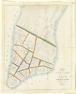 New Yorkin kaupungin kartta [pohjoiseen East 53rd Streetiin asti], 1885 (musta muste, käsin värjätty, paperilla)