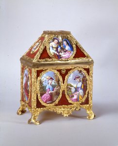 George III -arkku, jossa on James Coxin tapainen reunakello, n. 1770 (kullattu metalli, emali ja verre-eglomise) (katso myös 741846) tekijältä William Hopkins Craft