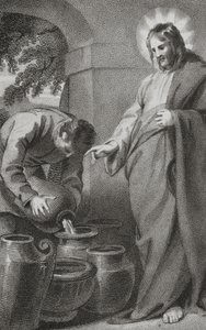 Kristus muuttaa veden viiniksi, pastori J. Milnerin "Siunatun Herramme ja Vapahtajamme Jeesuksen Kristuksen historiasta ja elämästä", julkaisija B. Crosby, 1808