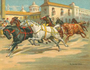 Historialliset ja nykyaikaiset kilpailut, ratsastajattomat hevoskilpailut Italiassa (chromolitho)