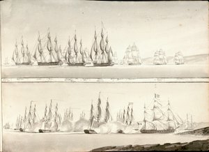 Taistelulaivojen linjan eri maalaustapoja, 1800-luvun alku (kynä, harmaa pesu) tekijältä William Innes Pocock