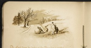 Lapset ja lumiukko. The Holiday Train: kappale "Dulce Domum" ... Kuvittanut W. J. Webb.  Frederick Langbridge  Lontoo, 1891