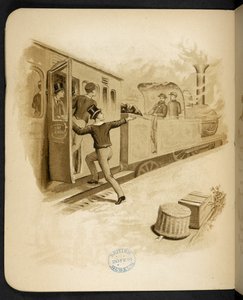 Höyryjunaan nouseminen.  The Holiday Train: kappale "Dulce Domum" ... Kuvittanut W. J. Webb.  Frederick Langbridge  Lontoo, 1891