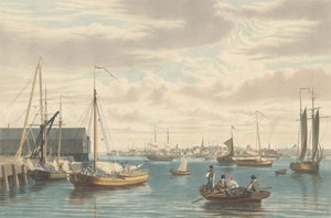Boston: Laivastotelakan laivarakennuksen West Endistä, julkaistu 1833. tekijältä William James Bennett