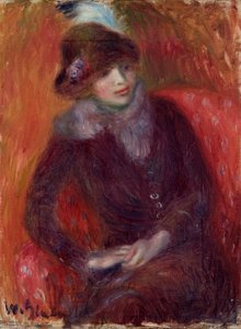 Istuva nainen turkiskaulus ja punainen tausta tekijältä William James Glackens
