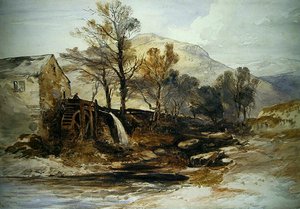 Vesimylly Pohjois-Walesissa (akvarelli paperille) tekijältä William James Muller