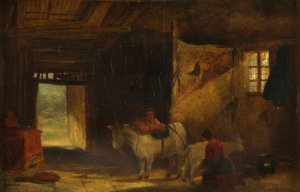Walesin sisustus, jossa tyttö lypsää vuohia (öljy paneelissa) tekijältä William James Muller