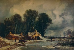 Maisema vanhojen mökkien kanssa: Talvi, 1833