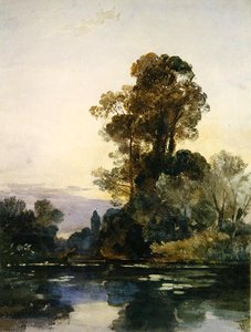 Korkeat puut järven rannalla (akvarelli ja vartaloväri paperille) tekijältä William James Muller