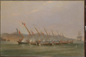 Kapteeni Robert Maunsell vangitsee ranskalaisia tykkiveneitä Jaavan edustalla heinäkuussa 1811, noin 1811 (öljy kankaalle). tekijältä William John Huggins