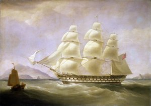 Intialainen alus "Triton" Kiinan rannikon edustalla, näkyvissä pieni paikallinen vene. Öljy kankaalle tekijältä William John Huggins
