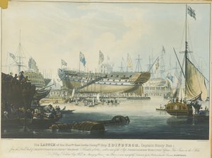 Itä-Intian komppanian laivan "Edinburgh" vesillelasku Wigrams  Greenin telakalta Blackwallissa ja näkymä laivaan "Abercrombie Robinson" varastossa. tekijältä William John Huggins