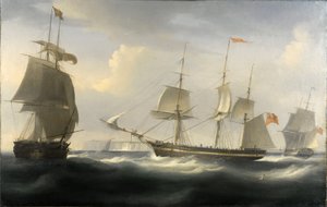 Delaford-alus, joka rakennettiin Thamesilla vuonna 1788 Lontoon (Englanti) ja Itä-Intian välistä kauppaa varten. William John Hugginsin (1781-1845) öljy kankaalle, noin 1830. tekijältä William John Huggins