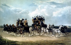 Brighton Day Mails kulkee Hockward Commonin yli, kaivertanut Charles Hunt tekijältä William Joseph (after) Shayer