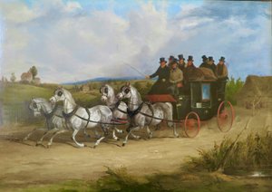 Harmaiden hevosten vetämä Lontoon ja Brightonin välinen postivaunu (öljy kankaalle) tekijältä William Joseph Shayer