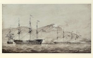 HMS:n alukset "Wellesley", "Columbine" ja "Grisel" Amoyn (Kiina) edustalla vuonna 1841. Lavis