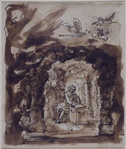 Alexander Pope luolassaan (kynä ja muste pesulla paperille)