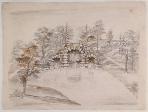 Chiswick, suunnittelu kaskadille (kynä ja muste ja pesu paperille) tekijältä William Kent