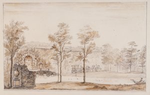 Chiswick, suunnittelu maalaismainen kaskadi ja silta terassia vasten (kynä ja muste ja pesu kynällä paperille) tekijältä William Kent