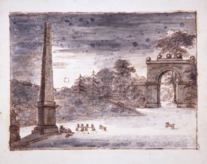 Chiswick, Burlington Lane Gate ja obeliski kuunvalossa Kentin istuessa obeliskin vieressä haaveilemassa ja kanien kanssa leikkimässä, n. 1732 (kynä ja muste ja pesu paperille) tekijältä William Kent
