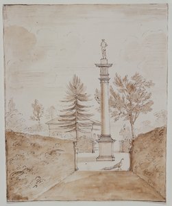 Chiswick, näkymä Doric-pylvääseen, jossa on Venus de Medici -patsas, ja näkemys peuratalon sivusta (kynä ja muste paperille)