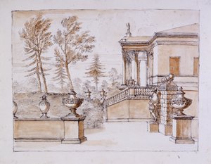 Chiswick, näkymä huvilasta Inigo Jones -patsaan puolella (kynä ja muste ja pesu kynällä paperilla) tekijältä William Kent
