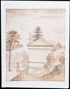 Chiswick, näkymä Deer Housen sivulta otettuna peuran aitauksen ha-ha-alueen sisäpenkereeltä ja näkemys Doric-pylväästä (kynä ja pesu paperille) tekijältä William Kent