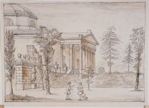 Chiswick, näkymä huvilaan Palladion patsaan puolelta (kynä ja muste ja pesu kynällä paperilla) tekijältä William Kent