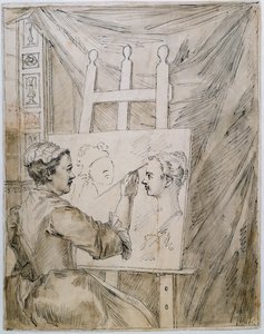 Lady Burlington maalaustelinessaan puutarhahuoneessaan (kynä ja muste ja kynä paperille) tekijältä William Kent