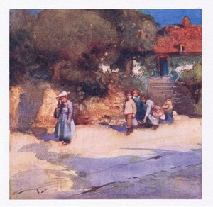 Leikkiset lapset pääsivät juuri koulusta irti (värilitho) tekijältä William Lee Hankey