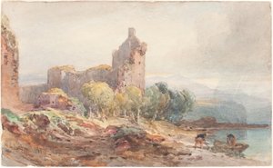 Raunioitunut linna järven rannalla tekijältä William Leighton Leitch