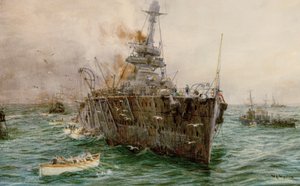 HMS "Audacious" uppoaa Loch Swillyn edustalla miinaan törmättyään, 27. lokakuuta 1914, 1900-luvun alku (akvarelli). tekijältä William Lionel Wyllie