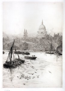 Merenkulku ja lokit St Paulsin alla (akvarelli) tekijältä William Lionel Wyllie