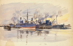 Luonnos kauppalaivoista satamassa, 1800-luvun loppupuoli ja 1900-luvun alku (akvarelli). tekijältä William Lionel Wyllie